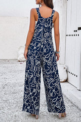 Printed Wide Strap Jumpsuit with Pockets - Flyclothing LLC