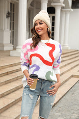 Printed Round Neck Dropped Shoulder Pullover Sweater - Flyclothing LLC