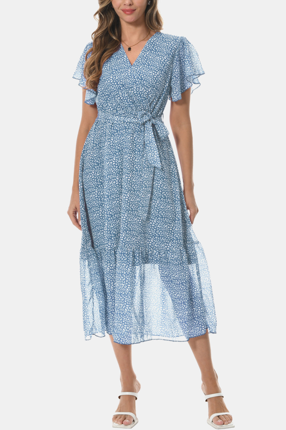 Surplice Neck Flutter Sleeve Tied Dress - Flyclothing LLC