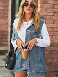 Collared Neck Sleeveless Denim Top with Pockets - Trendsi