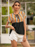 Striped Tie Neck Short Sleeve Blouse - Flyclothing LLC