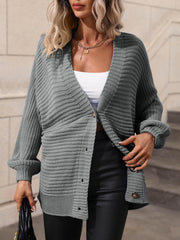 Button Down Horizontal-Ribbing Longline Cardigan - Flyclothing LLC