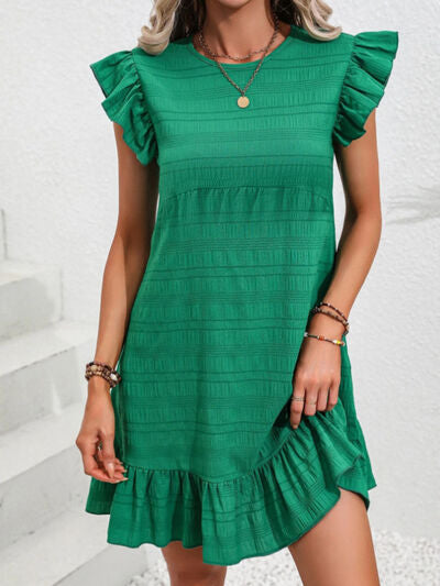 Ruffled Round Neck Cap Sleeve Mini Dress - Flyclothing LLC