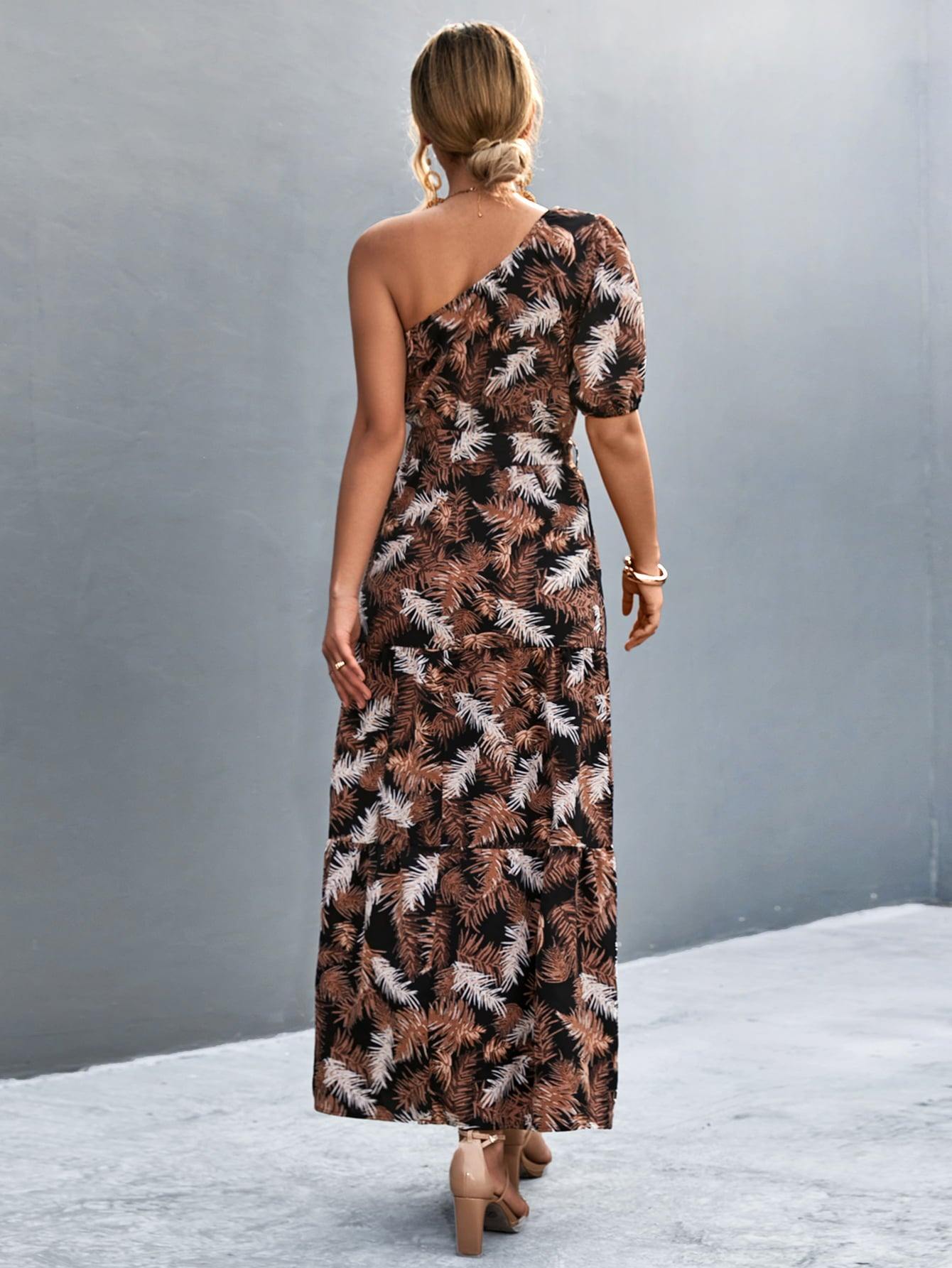 Printed Tie Waist One Shoulder Maxi Dress - Flyclothing LLC