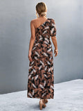 Printed Tie Waist One Shoulder Maxi Dress - Flyclothing LLC