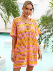 Tassel Openwork Striped V-Neck Cover Up - Flyclothing LLC