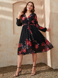 Plus Size Floral Surplice Neck Tie Waist Dress - Trendsi