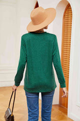 Buttoned Notched Neck Long Sleeve Top - Flyclothing LLC