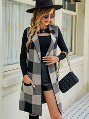 Plaid Lapel Collar Sleeveless Cardigan - Flyclothing LLC