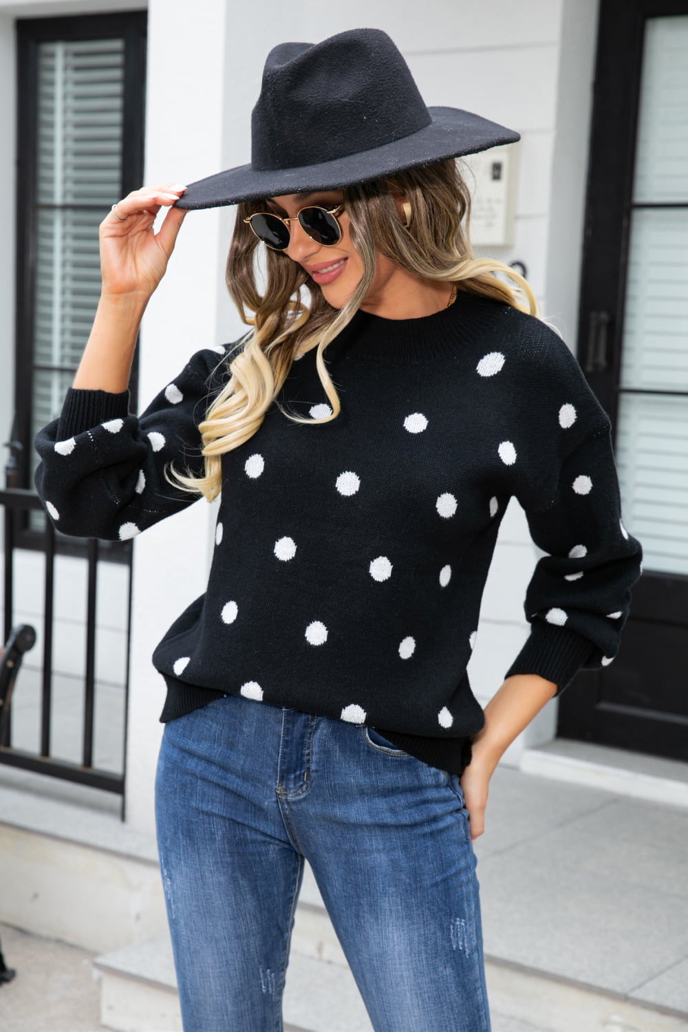 Polka Dot Round Neck Dropped Shoulder Sweater - Flyclothing LLC