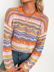 Rainbow Stripe Openwork Flare Sleeve Knit Top - Flyclothing LLC