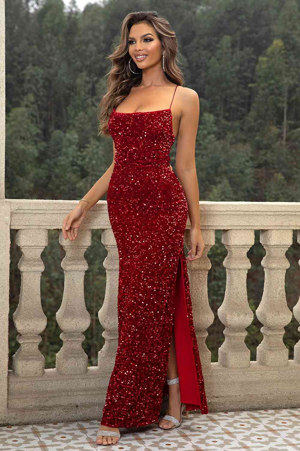 Sequin Backless Split Maxi Dress - Flyclothing LLC