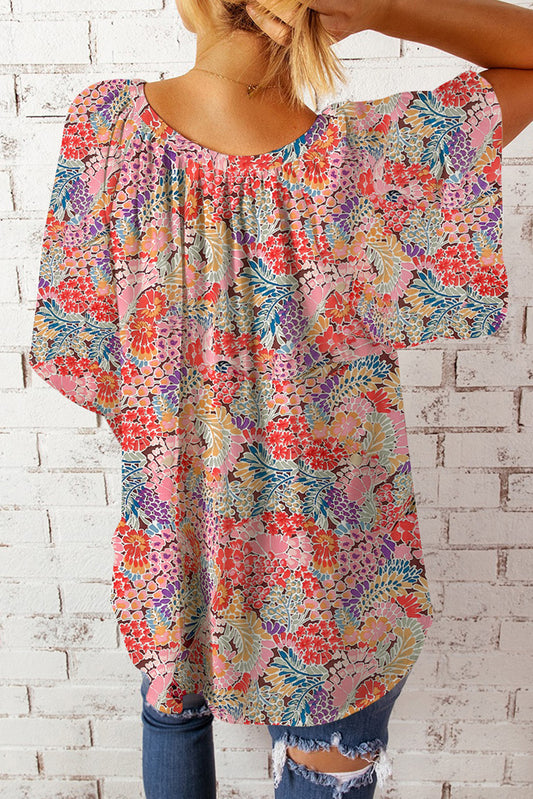 Floral Notched Neck Flutter Sleeve Blouse - Flyclothing LLC