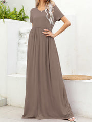 Round Neck Short Sleeve Maxi Dress with Pockets - Flyclothing LLC