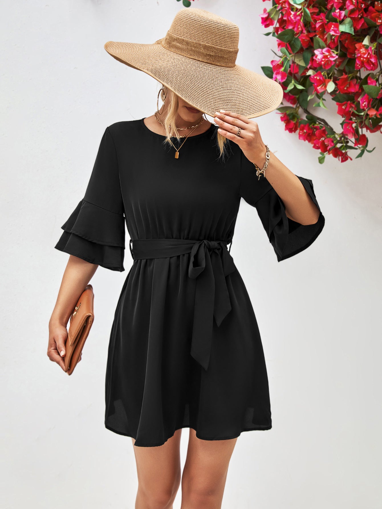 Round Neck Tie Belt Flounce Sleeve Dress - Flyclothing LLC