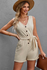 Button Front Belted Sleeveless Romper - Flyclothing LLC