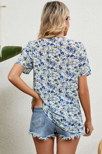 Floral V-Neck Short Sleeve T-Shirt - Flyclothing LLC