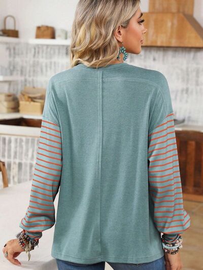 Round Neck Striped Long Sleeve Slit T-Shirt - Flyclothing LLC