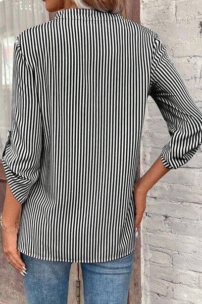 Striped Notched Roll-Tab Sleeve Shirt - Flyclothing LLC