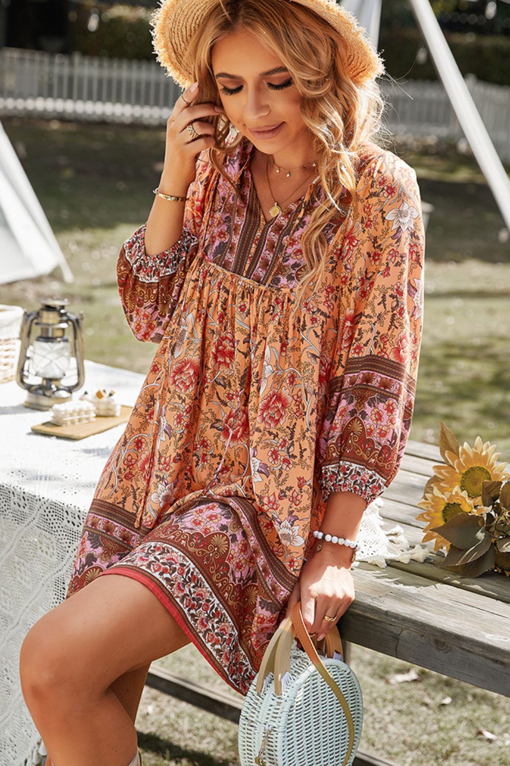 Bohemian Tie Neck Balloon Sleeve Dress - Flyclothing LLC