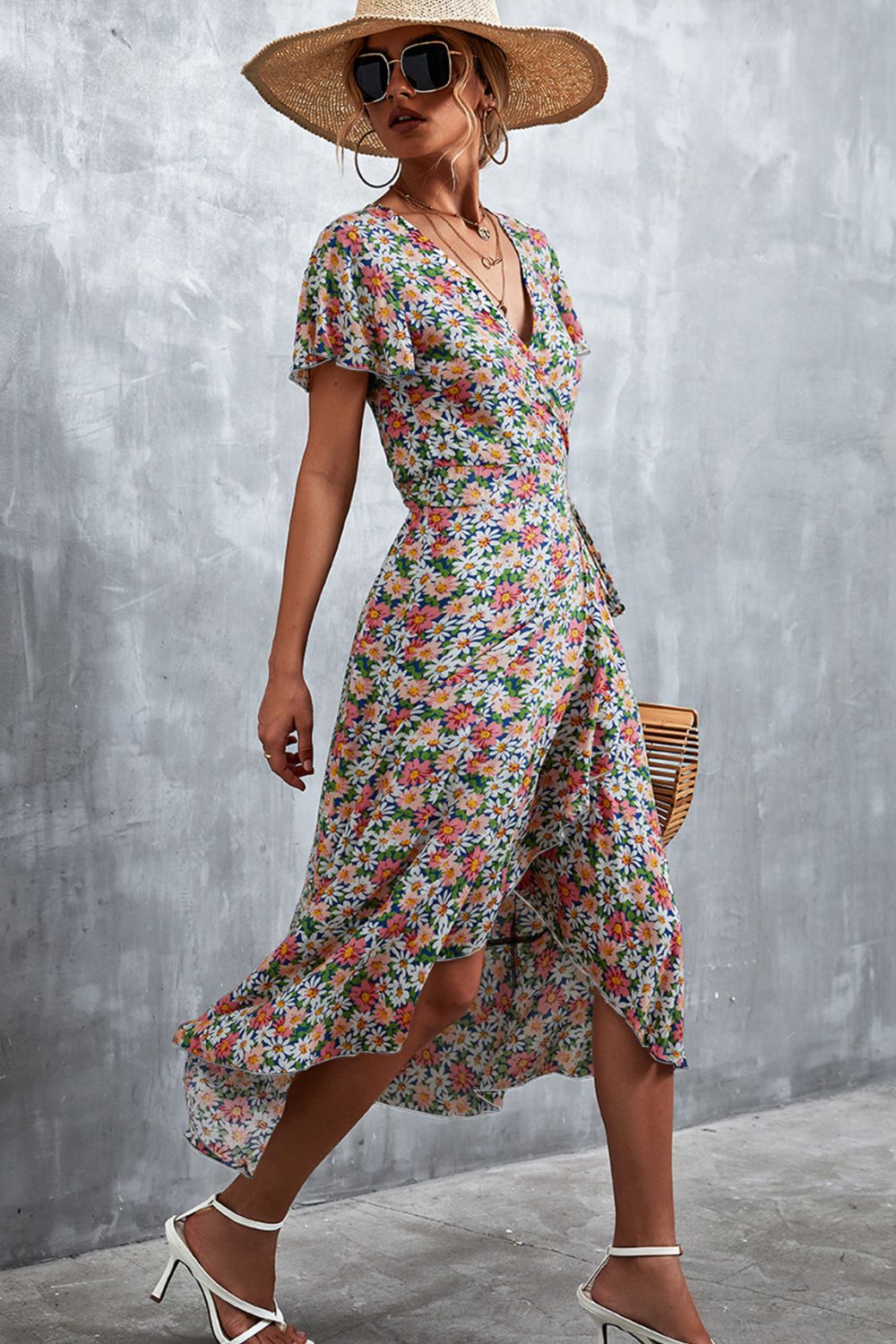 Floral Surplice Neck Tied Midi Dress - Flyclothing LLC