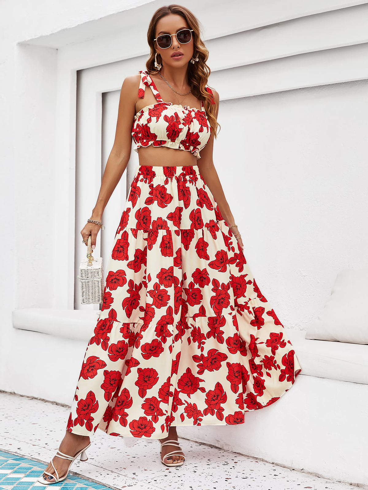 Floral Tie Shoulder Top and Tiered Maxi Skirt Set - Flyclothing LLC