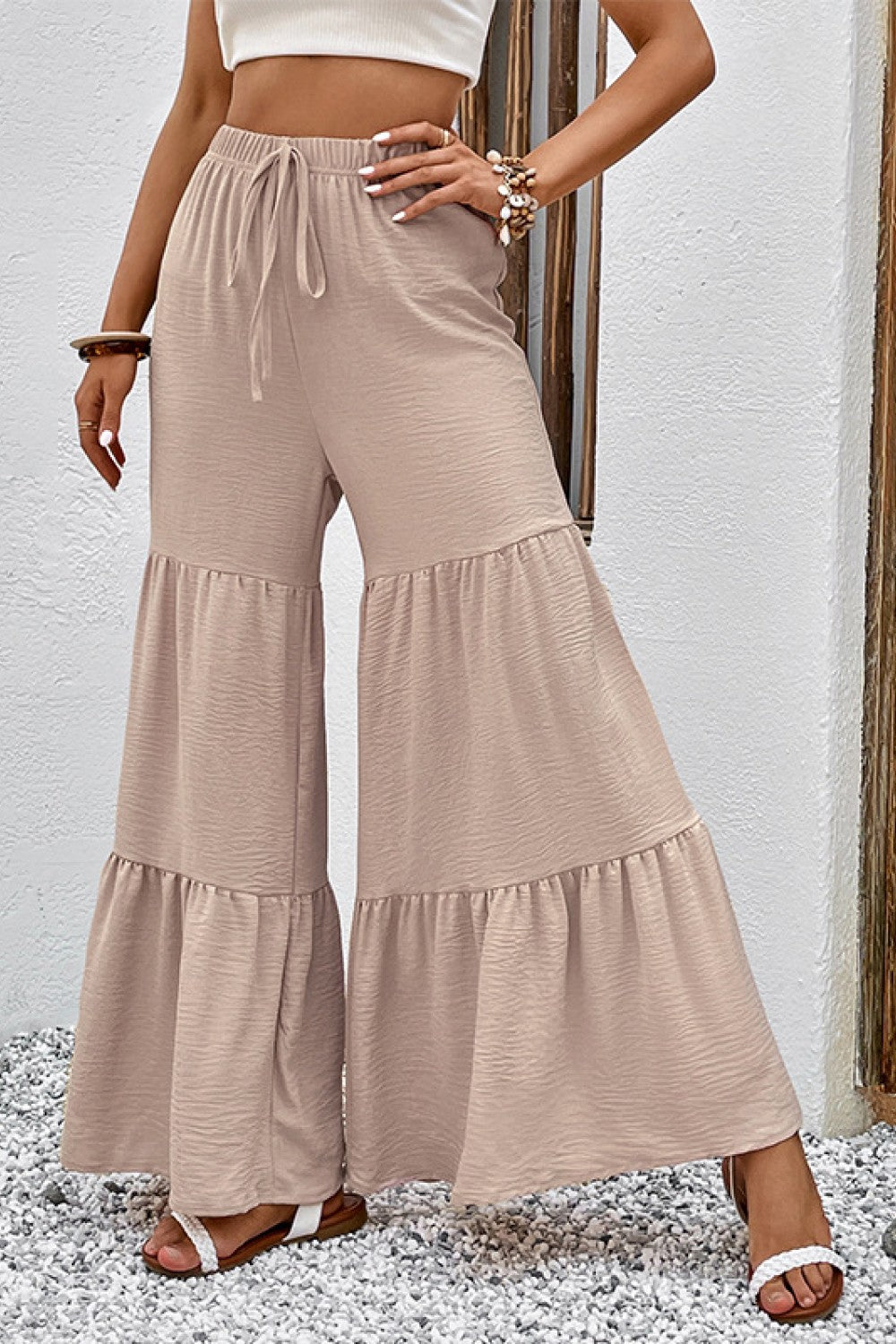 Drawstring Waist Tiered Flare Culottes - Flyclothing LLC