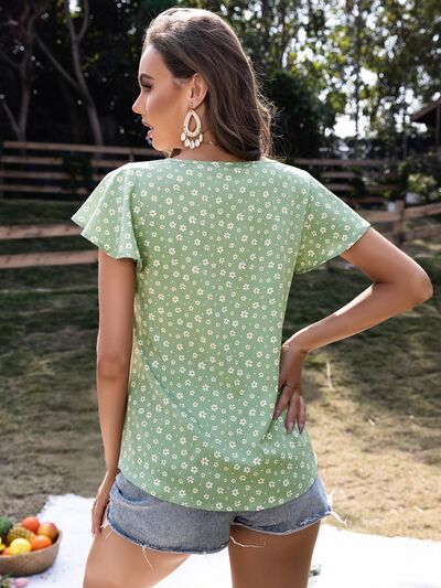 Ruffled Floral Tie Neck Short Sleeve Blouse - Flyclothing LLC