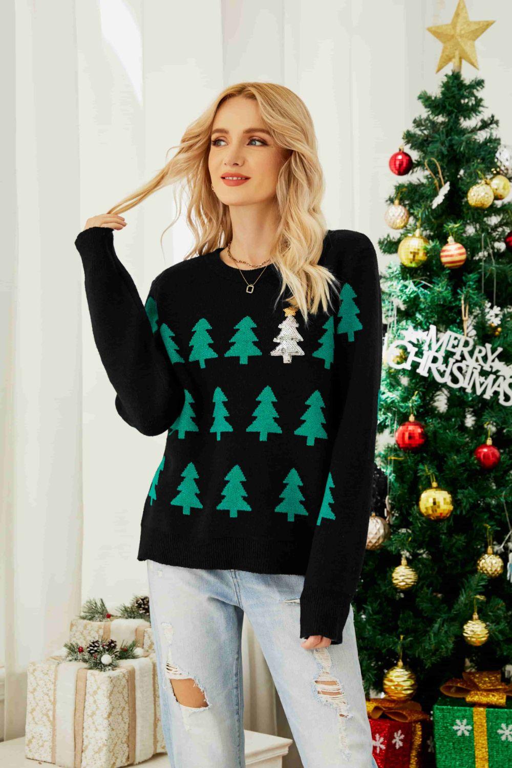 Christmas Tree Round Neck Ribbed Trim Sweater - Trendsi