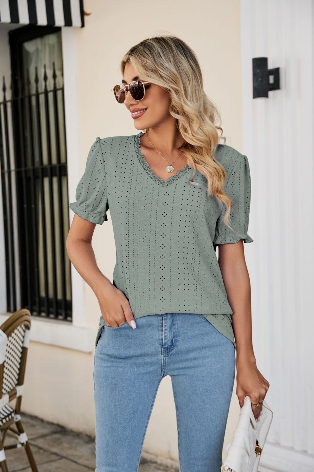 Eyelet Flounce Sleeve Scalloped V-Neck Top - Flyclothing LLC