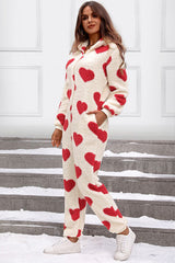 Fuzzy Heart Zip Up Hooded Lounge Jumpsuit - Flyclothing LLC