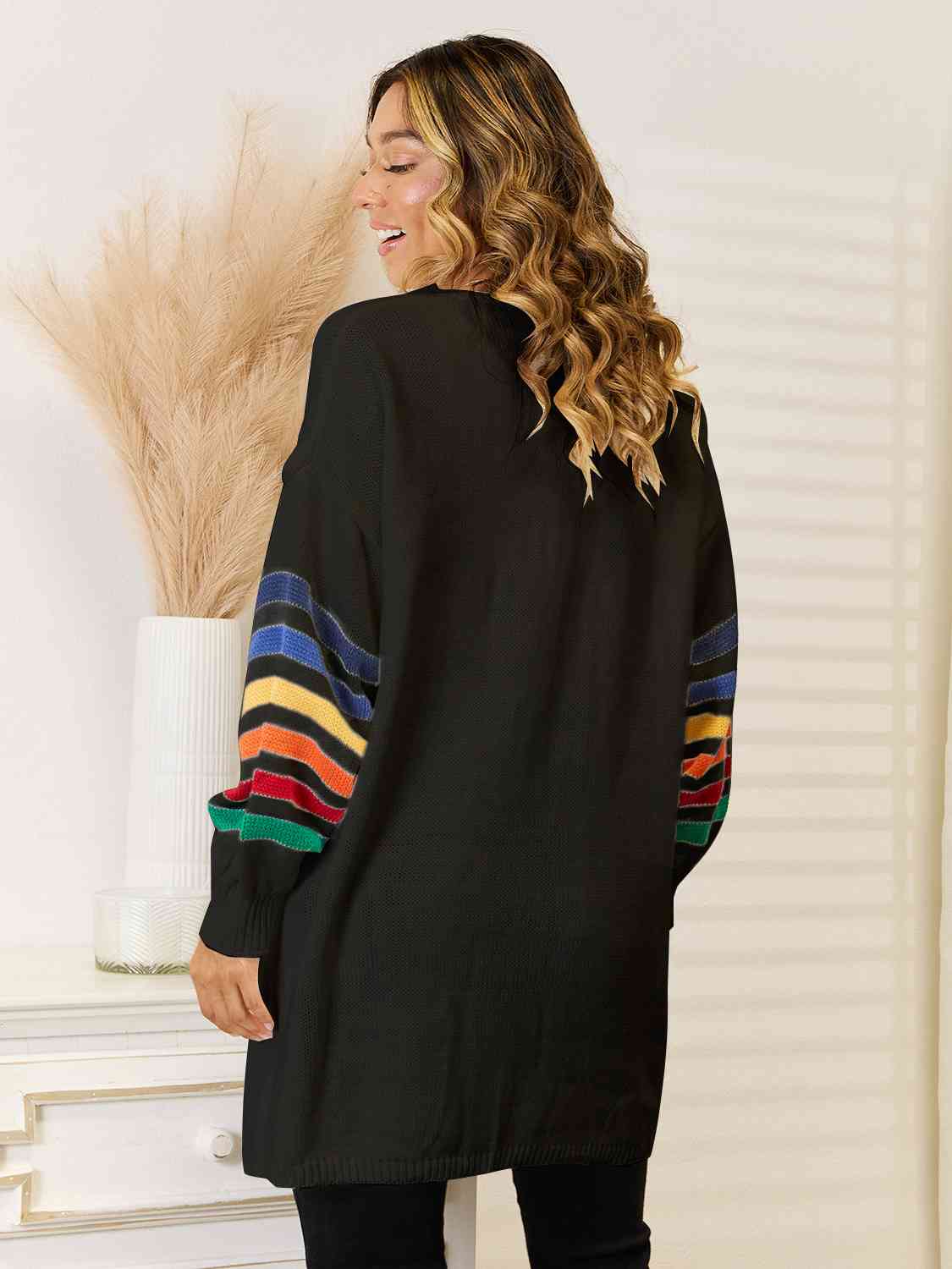 Striped Open Front Dropped Shoulder Cardigan - Flyclothing LLC