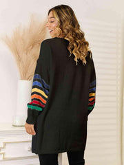 Striped Open Front Dropped Shoulder Cardigan - Flyclothing LLC