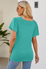 Smocked Round Neck Flutter Sleeve T-Shirt - Flyclothing LLC