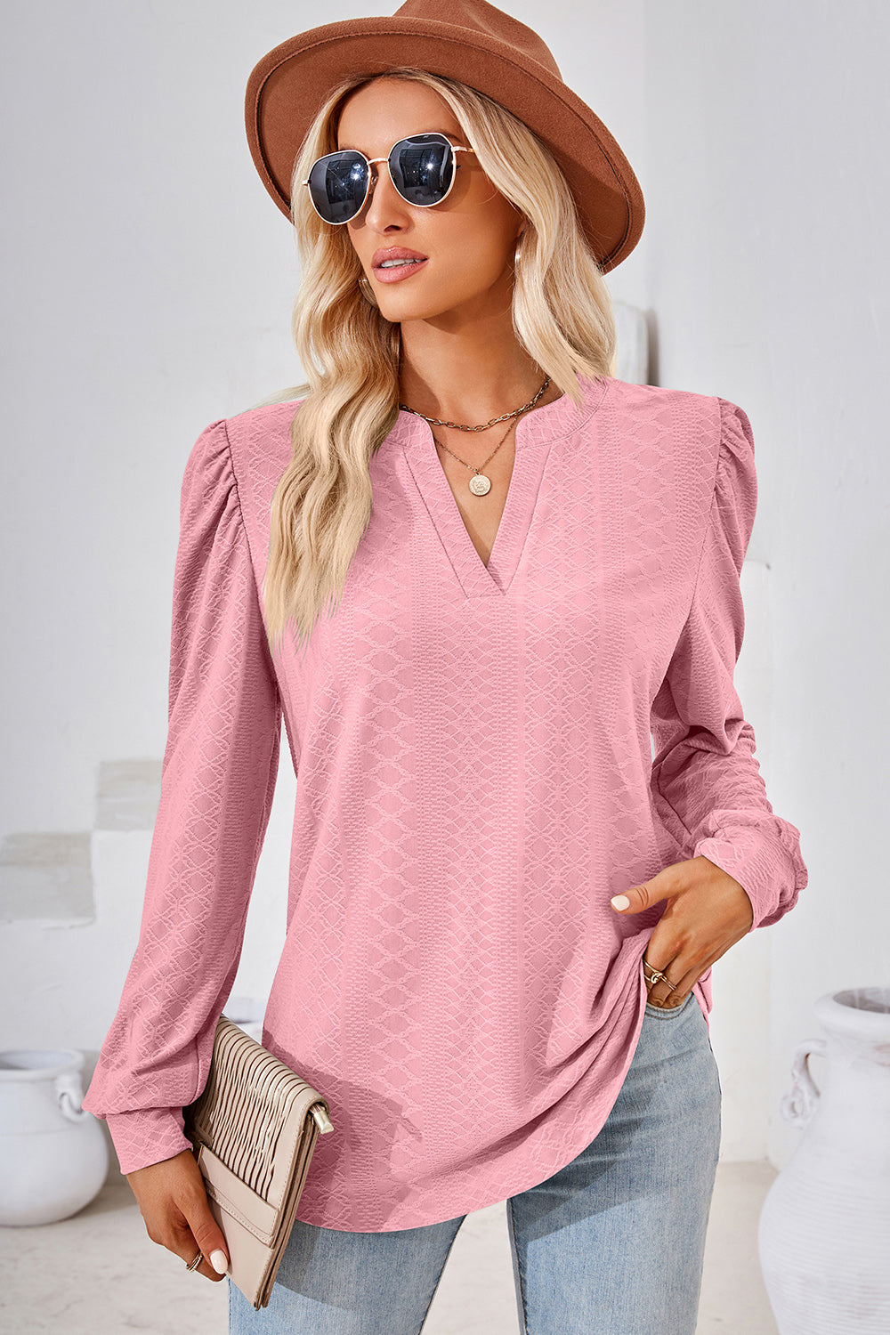 Ruched Notched Long Sleeve T-Shirt - Flyclothing LLC