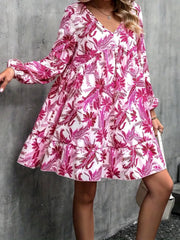 Floral V-Neck Balloon Sleeve Dress - Flyclothing LLC