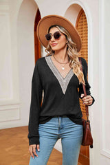 Contrast V-Neck Long Sleeve Blouse - Trendsi