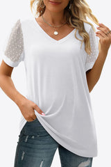 Swiss Dot Puff Sleeve V-Neck Tee - Flyclothing LLC