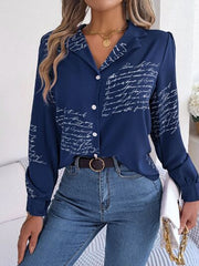 Letter Printed Button Up Long Sleeve Blouse - Flyclothing LLC