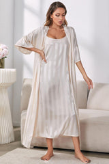 Striped Flounce Sleeve Open Front Robe and Cami Dress Set - Flyclothing LLC