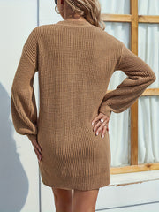 V-Neck Dropped Shoulder Mini Sweater Dress - Flyclothing LLC