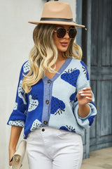 Printed V-Neck Button-Down Long Sleeve Cardigan - Flyclothing LLC