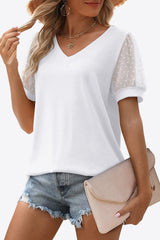 Swiss Dot Puff Sleeve V-Neck Tee - Flyclothing LLC