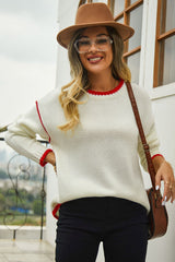 Round Neck Long Sleeve Waffle-Knit Sweater - Flyclothing LLC