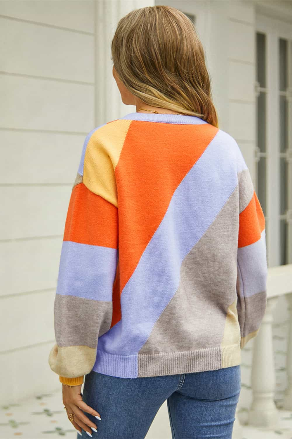 Color Block Round Neck Long Sleeve Sweater - Flyclothing LLC