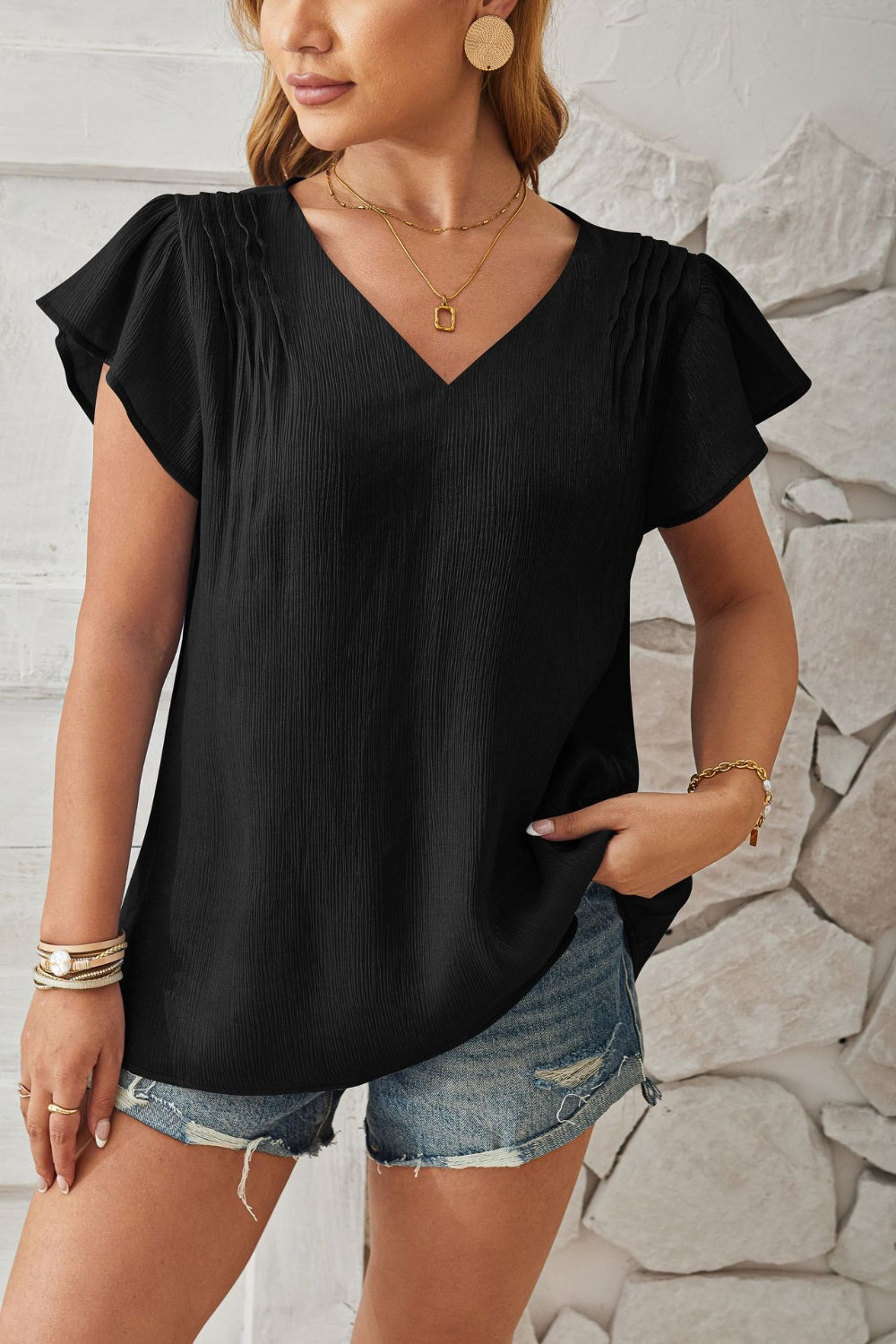 V-Neck Flutter Sleeve T-Shirt - Flyclothing LLC