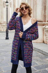 Multicolored Ribbed Trim Open Front Cardigan with Pockets - Flyclothing LLC