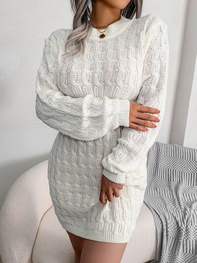 Cable-Knit Round Neck Mini Wrap Sweater Dress - Flyclothing LLC