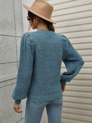 Heathered Long Lantern Sleeve Rib-Knit Sweater - Trendsi