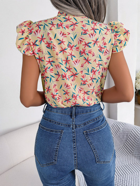 Floral Tie Neck Flutter Sleeve Blouse - Flyclothing LLC